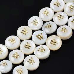 Natural Freshwater Shell Beads, with Golden Enamel, Horizontal Hole, Flat Round with Alphabet, Seashell Color, Letter.W, 8x3.5~4.5mm, Hole: 0.5mm, about 40pcs/strand, 12.20~12.60inch(31~32cm)