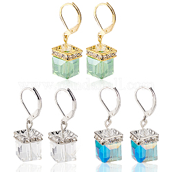 ANATTASOUL 3 Pairs 3 Colors Bling Glass Cube Dangle Leverback Earrings, Iron Jewelry for Women, Mixed Color, 35mm, Pin: 1x0.8mm, 1 Pair/color
