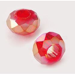 Glass European Beads, Plated, without Core, Faceted, Rondelle, Red, 14x8mm, Hole: 5.5mm