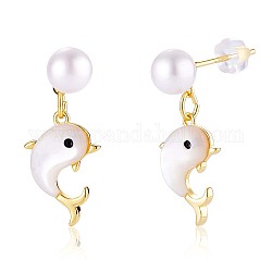 Perle naturelle avec boucle d'oreille pendante dauphin coquillage blanc, bijoux en laiton pour femmes, or, 24.5x10mm, pin: 0.8 mm