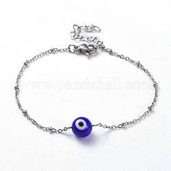 Perles de mauvais œil faites main au chalumeau bracelets en perles, avec chaîne de câble en 304 acier inoxydable et fermoirs mousquetons, bleu, 6-7/8 pouce (17.5 cm), 1.5~2mm