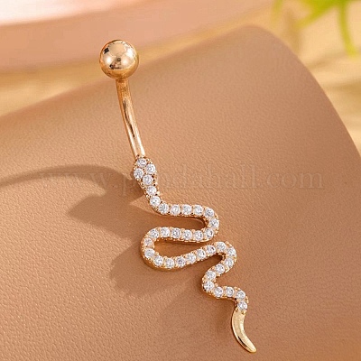 Кольца для живота с изогнутой штангой из змеиной латуни с микропаве из прозрачного кубического циркония&nbsp;LS-AJEW-L099-03G-1