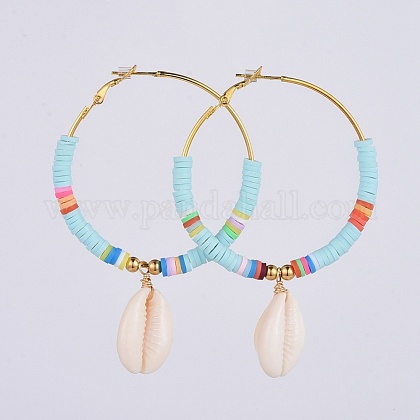 真鍮製フープピアス カウリーシェルと手作りのポリマークレイ平石ビーズ 304のステンレス鋼ラウンドビーズ ゴールドカラー カラフル 73x47 5mm ピン 0 8mmの通販 Jp Pandahall Com