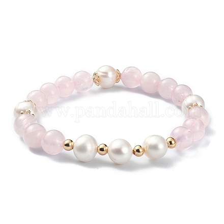 Natural Rose Quartz & Pearl Beaded Stretch Bracelet for Women BJEW-JB09384-02-1