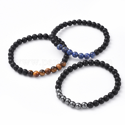 Bracelets extensibles unisexes en perles d'agate noire naturelle (teintes) BJEW-JB04785-1