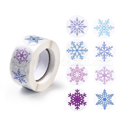クリスマスをテーマにしたフラットラウンドロールステッカー  粘着紙ギフトタグステッカー  パーティーのために  装飾的なプレゼント  雪の結晶模様  25x0.1mm  500PCS /ロールについて DIY-B045-04A-1