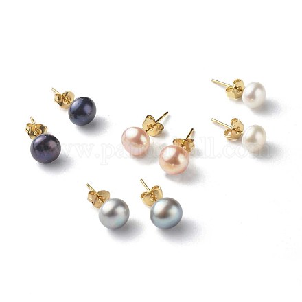 Natural Pearl Rondelle Stud Earrings EJEW-JE04585-1