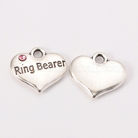 Wedding Theme Antique Silver Tone Tibetan Style Heart with Ring Bearer Rhinestone Charms TIBEP-N005-15A-1