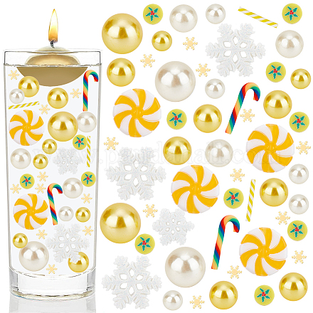 Benecreat 真珠で満たされたクリスマス花瓶 173 個  プラスチックの真珠が入った黄色のキャンドル  キャンディケインとスノーフレークのポリマー粘土とキャンドル花瓶のクリスマス装飾用のフラットラウンドいクリスマスツリー DIY-BC0009-67-1