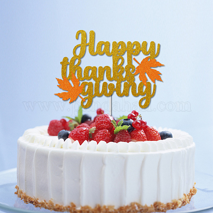 紙ケーキトッパー  ケーキ入りカード  感謝祭をテーマにした装飾  カエデの葉と言葉幸せな感謝祭の日  ゴールド＆ダークオレンジ  150mm BAKE-PW0007-056B-1