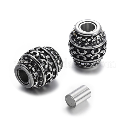 Retro Carve 304 Stainless Steel Rhinestone Barrel Magnetic Clasps STAS-E108-03AS-1