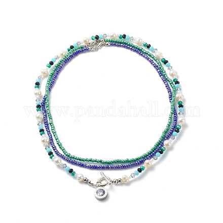 Set di collane con perline di semi di vetro e perle naturali in stile 3 pz 3 NJEW-JN03961-1