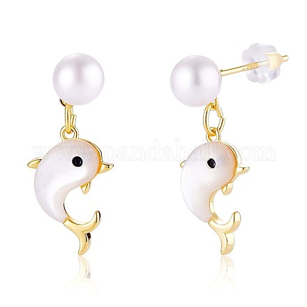 Perle naturelle avec boucle d'oreille pendante dauphin coquillage blanc JE1004A-1