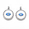 Brass Micro Pave Cubic Zirconia Pendants, Flat Round with Evil Eye, with Shell & Enamel & ABS Imitation Pearl, Platinum, 25x22x4mm, Hole: 5x2mm