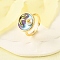 Brass Enamel Cuff Rings, with Natural Freshwater Pearl, Real 18K Gold Plated, Round with Flower, Purple, Inner Diameter: 16mm
