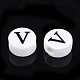 手作りの陶器ビーズ  水平穴  アルファベット付きフラットラウンド  ホワイト  文字.v  8~8.5x4.5mm  穴：2mm PORC-Q259-01V-2