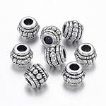 Tibetan Style Alloy Beads, Lead Free, Cadmium Free and Nickel Free, Barrel, Antique Silver, about 8mm in diameter, 6.5mm thick, hole: 3.5mm