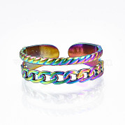 Rainbow Color 304 Stainless Steel Curb Chain Shape Cuff Ring RJEW-N038-037M