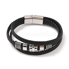 Pulseras multihilos de cuero trenzado de microfibra, Pulseras de cruz vikinga de acero inoxidable 304 para hombre, plata antigua, 8-7/8x1 pulgada (22.5x2.5 cm)