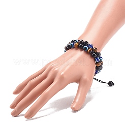 Natürliches Tigerauge & augenloser Obsidian & geflochtenes Perlenarmband aus bösem Auge aus Harz&nbsp;BJEW-JB08840-02