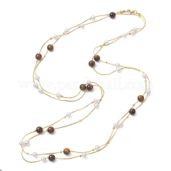 Длинные ожерелья из латунной цепочки «Бостон» с круглым натуральным тигровым глазом и ракушечным жемчугом&nbsp;NJEW-JN05722-02
