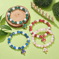 Bracciale elasticizzato con perline cat eye imitazione resina con ciondoli smaltati in lega di funghi&nbsp;BJEW-JB09571