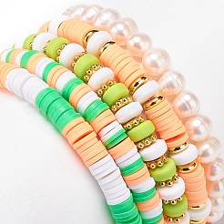 Наборы эластичных браслетов Heishi из полимерной глины и пресноводного жемчуга ко дню святого Патрика&nbsp;BJEW-JB08768