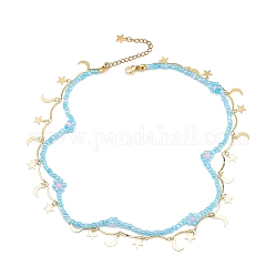 Dijes de luna y estrella y collar de doble capa con flor de semilla de vidrio, joyas de latón para mujer, turquesa pálido, 16.54 pulgada (42 cm)