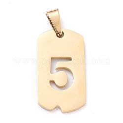 Vacuum Plating 304 Stainless Steel Pendants, Rectangle with Number, Golden, Num.5, 27.5x14.5x1.5mm, Hole: 7.5x3mm