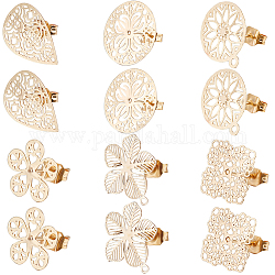 Beebeecraft 1 Box 24Pcs 6 Style Stud Earring Finding 18K Gold Plated Golden Bohemian Square Flat Round Flower Drop Hollow Out Studs Earring with Ear Nuts for Jewellery Earring Making Supplies