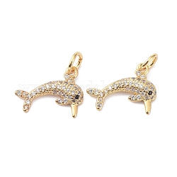 Brass Cubic Zirconia Charms, with Jump Ring, Long-Lasting Plated, Lead Free & Cadmium Free, Dolphin, Real 18K Gold Plated, 11x14x2.5mm