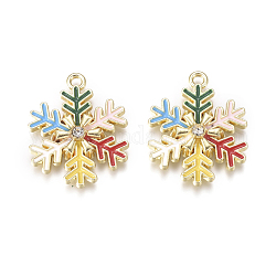 Oro placcato pendenti della lega, con smalto e strass di cristallo, fiocco di neve, per Natale, colorato, 23.5x19x3.5mm, Foro: 1.6 mm