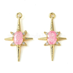 Brass Micro Pave Cubic Zirconia Pendants, Real 18K Gold Plated, Star, Pink, 21x12x3.5mm, Hole: 1.2mm