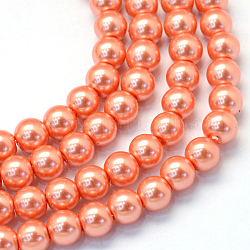 Cottura dipinto di perle di vetro perlato fili di perline rotondo, corallo, 6~7mm, Foro: 1 mm, circa 145pcs/filo, 31.4 pollice