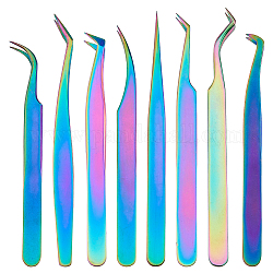 SUPERFINDINGS 8Pcs 8 Styles 430 Stainless Steel Eyelash Tweezers Clips, Makeup Tools, Rainbow Color, 11.2~11.3x0.8~0.95x0.35~0.45cm, 1pc/style