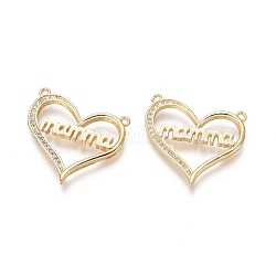Brass Pendants, with Clear Cubic Zirconia, Heart with Word Mamma, for Mother's Day, Golden, 22x24x2mm, Hole: 1.2mm
