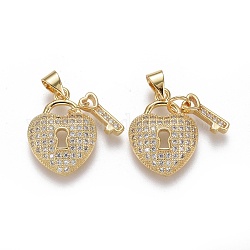 Brass Micro Pave Cubic Zirconia Pendants, Heart Lock with Heart Key, Clear, Real 18K Gold Plated, Lock: 19x14x3.5mm, Key: 11x4x1.5mm, Hole: 3.5x5mm