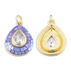 Brass Pave Clear Cubic Zirconia Pendants, with Jump Rings and Shell, Enamel, Real 18K Gold Plated, Nickel Free, Teardrop, Medium Purple, 19x13.5x4.5mm, Jump Ring: 5x1mm, 3mm inner diameter