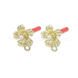 Rack Plating Golden Alloy with ABS Pearl Stud Earring Findings, with Loops and 304 Stainless Steel Pins, Cadmium Free & Nickel Free & Lead Free, Flower, 16x13mm, Hole: 1.6mm, Pin: 0.7x10mm