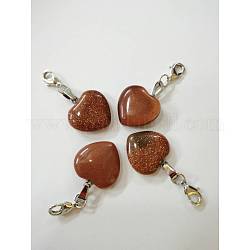 Heart Synthetic Goldstone Pendant Decorations, with Brass Lobster Claw Clasps and Iron Ring, 43mm