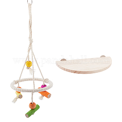 月の木製ブランコ  鉄の輪と綿のロープで  半円形の松林鳥立ちレバー  ペット用品  鉄パーツ  バリーウッド  33x13.5cm  1 PC