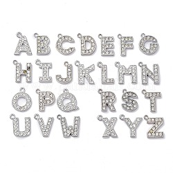 26 Uds. Colgantes de rhinestone de circonita cúbica micro pavimentados de aleación de 26 estilos, encantos de la letra inicial del alfabeto a~z, cristal, 16~18.5x11.5~17x2mm, agujero: 2 mm, 1pc / estilo