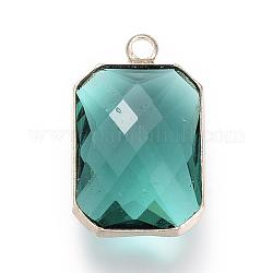 Colgantes de cristal, con fornituras de latón, facetados, Rectángulo, verde mar claro, 22x13.5x6.5mm, agujero: 2.5 mm