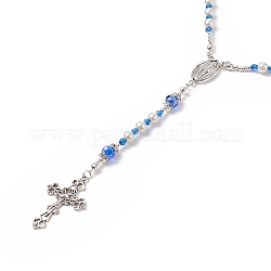 Ожерелье из стеклянных жемчужин и акриловых четок, ожерелье из сплава Девы Марии и креста для женщин, синие, 24.41 дюйм (62 см)