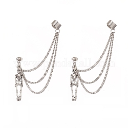 Skeleton Tibetan Style Alloy Dangle Stud Earrings, Brass Ear Cuff Earrings for Women, 304 Stainless Steel Curb Chains Tassel Earrings, Antique Silver & Stainless Steel Color, 88mm, Pin: 0.8mm