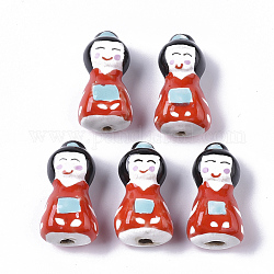 Perles en porcelaine manuelles, famille rose de style, forme de poupée japonaise kokeshi, rouge, 27~28x14.5x11~12mm, Trou: 1.5~2mm