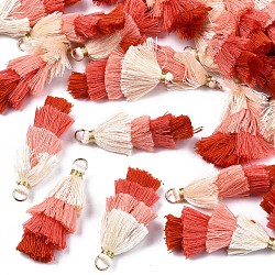 Polycoton (polyester coton) pompon en couches grandes décorations pendantes, avec les accessoires en fer, or, rouge, 48~55x12~15mm, Trou: 2.5x4.5mm