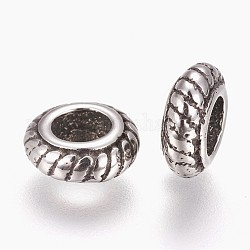 Perles européennes en 304 acier inoxydable, Perles avec un grand trou   , plat rond, argent antique, 9x3.5mm, Trou: 4mm