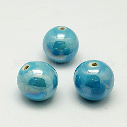 Perles en porcelaine manuelles, nacré, ronde, bleu ciel, 18mm, Trou: 2~3.5mm