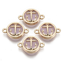 Glass Links connectors, with Light Gold Plated Alloy Findings, Flat Round with Anchor, Pearl Pink, 13.5x19.5x5.5mm, Hole: 1.6mm